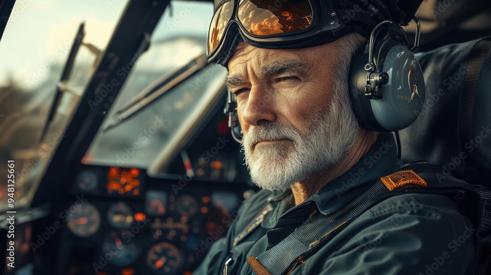 Obraz premium Senior male pilot with gray beard focused in cockpit, wearing aviator glasses and headphones, embodying experience and determination.
