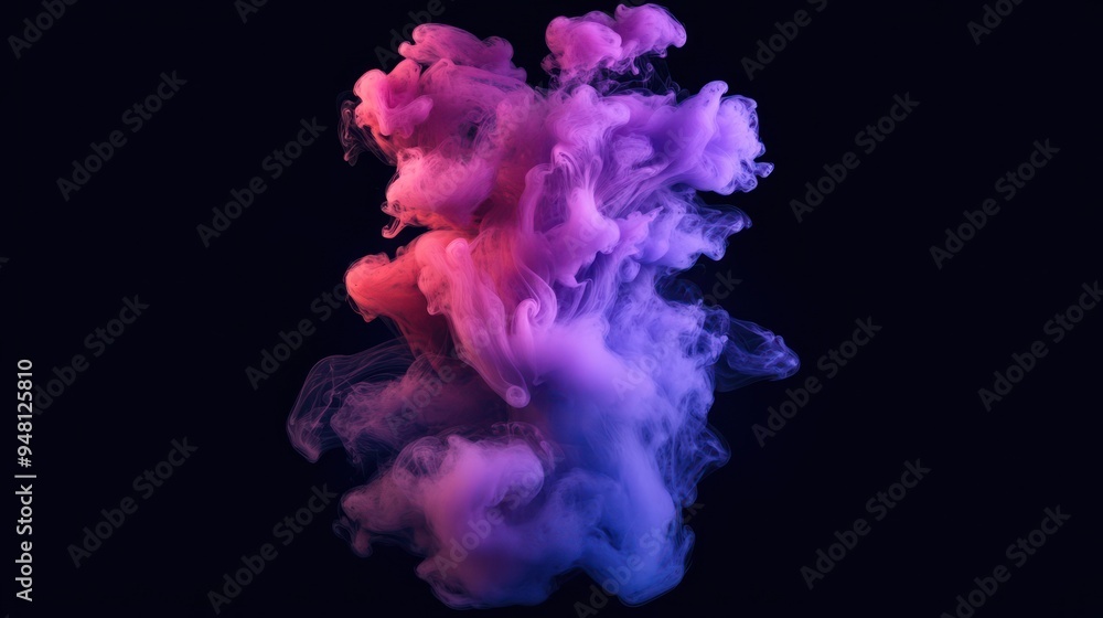Fototapeta premium Colorful smoke swirl in shades of pink and purple against a black background, creating a captivating visual effect.