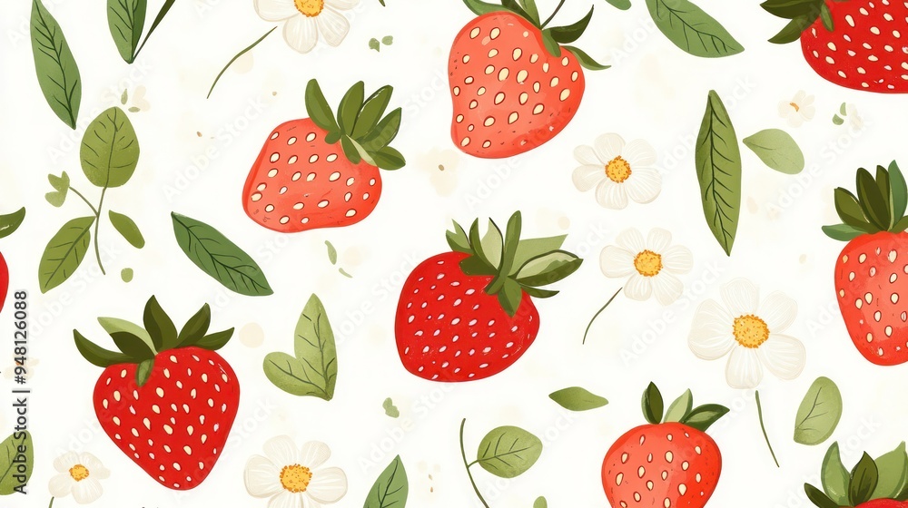 A vibrant and playful pattern featuring fresh strawberries, green leaves, and delicate white flowers against a light background. A vibrant and playful pattern featuring fresh strawberries, green leaves, and delicate white flowers against a light background.