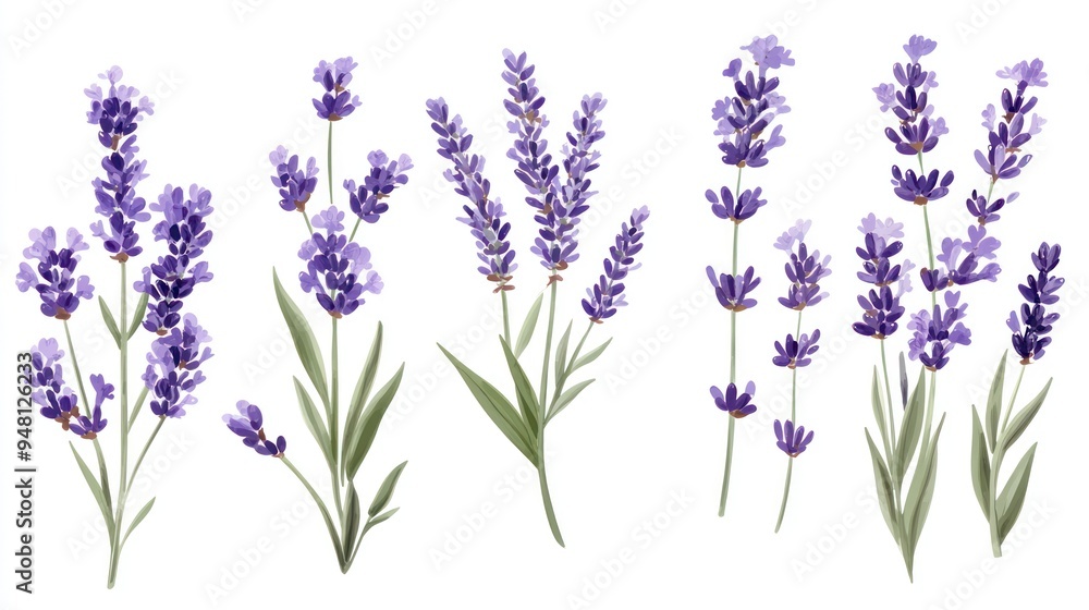 Naklejka premium An elegant display of lavender flowers in varying arrangements, showcasing their vibrant purple hues and delicate foliage.