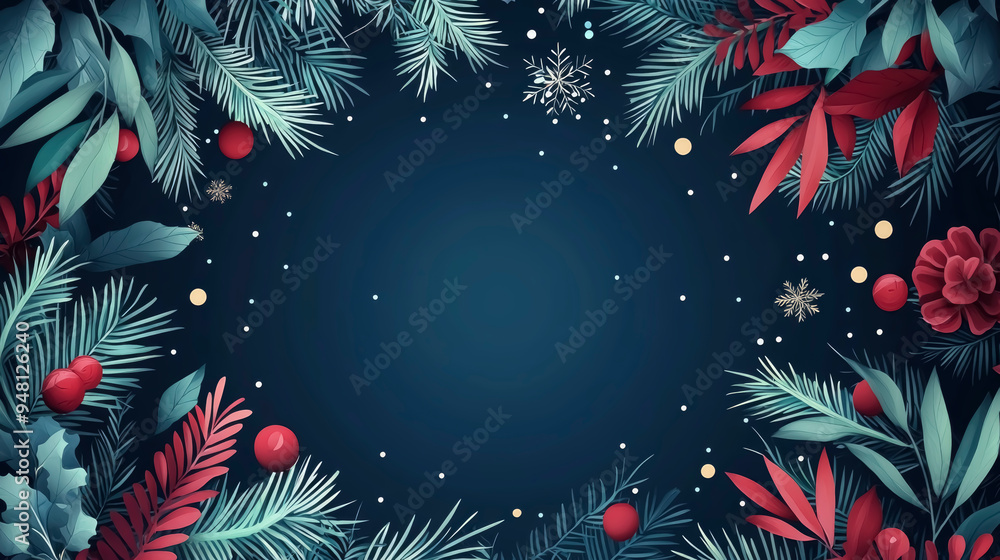 A festive border of lush pine branches, red berries, and snowflakes frames a deep blue background, creating a perfect setting for holiday greetings and messages. A festive border of lush pine branches, red berries, and snowflakes frames a deep blue background, creating a perfect setting for holiday greetings and messages.