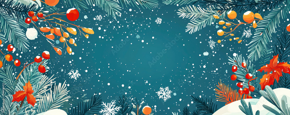 Naklejka premium A festive winter scene featuring snowflakes, vibrant red berries, and pine branches against a teal background, perfect for holiday cards and seasonal greetings.