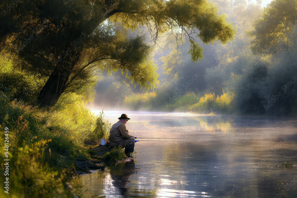 Fisherman sitting on a riverbank with a fishing rod in hand, enjoying the quiet and nature around him. Fisherman sitting on a riverbank with a fishing rod in hand, enjoying the quiet and nature around him.