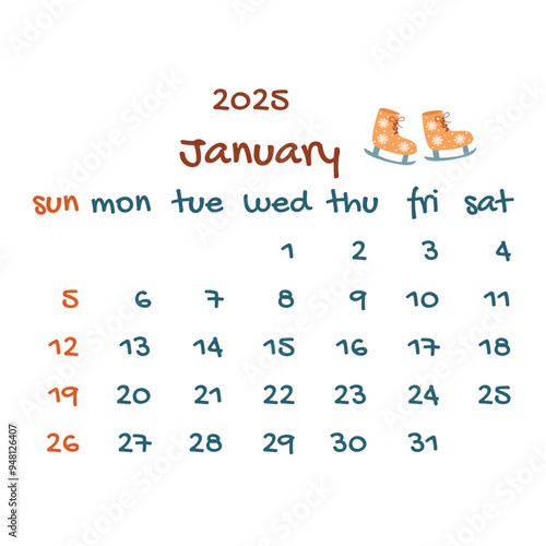 2025 january calendar with skates. Colorful modern calendar, monthly planner. Vector hand drawn illustration. Modern simple design