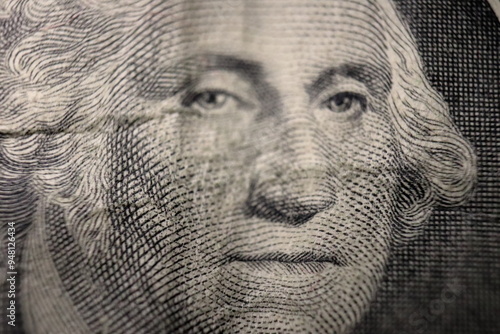 US president George Washington face portrait on the USA one dollar bill extreme macro, united states money closeup