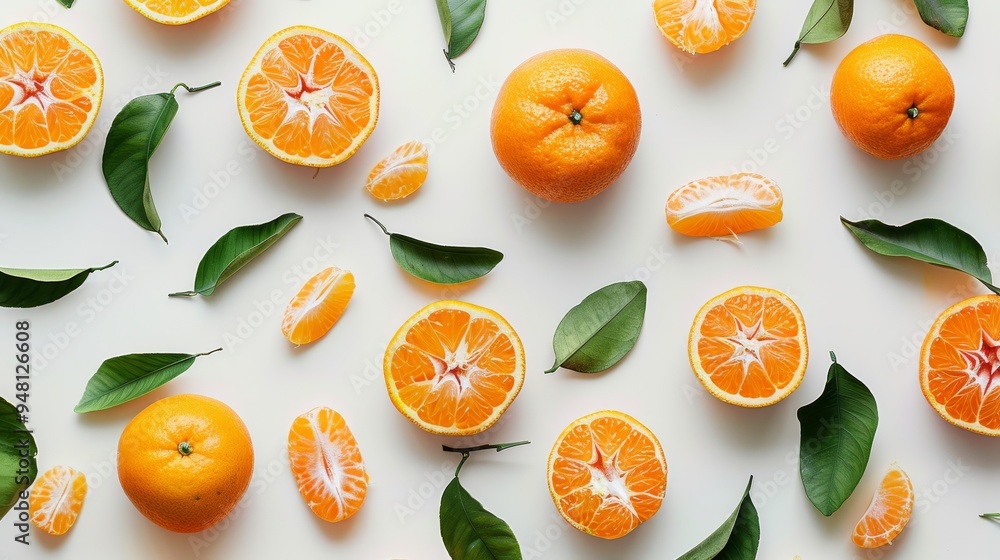 A flat lay of tangerines and tangerine halves on a simple background, capturing the bright and appealing color of the fruit. A flat lay of tangerines and tangerine halves on a simple background, capturing the bright and appealing color of the fruit.