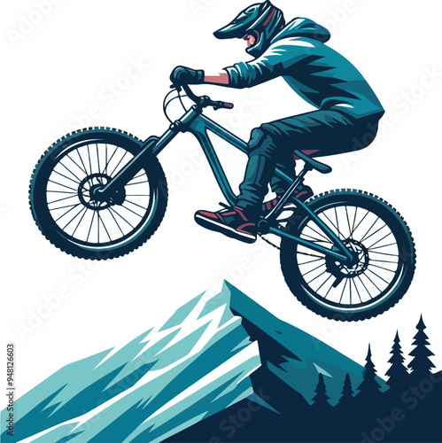 Abstract silhouette of a rider, man is doing a trick, isolated on a white background. Mountain cycling sport transport. Vector illustration	