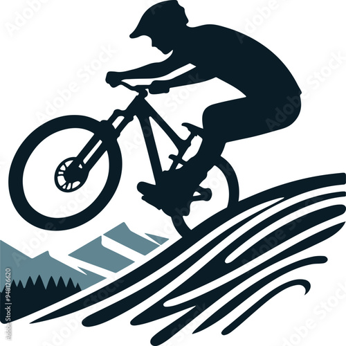 Abstract silhouette of a rider, man is doing the trick, isolated on a white background. Mountain cycling sport transport. Vector illustration	