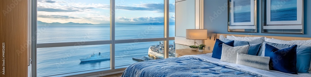 Fototapeta premium A beautiful bedroom in a beachfront condo with blue throw pillows, a comforter, a bed against the side of a ship
