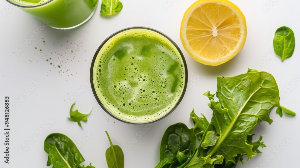 A fresh green juice served in a tall glass with a clean white backdrop, accompanied by leafy vegetables and a lemon slice A fresh green juice served in a tall glass with a clean white backdrop, accompanied by leafy vegetables and a lemon slice