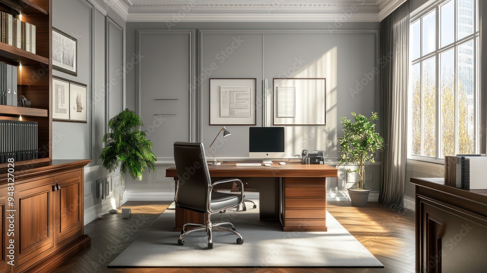 Fototapeta premium Spacious modern office interior with elegant wooden desk, comfortable chair, and abundant natural light.