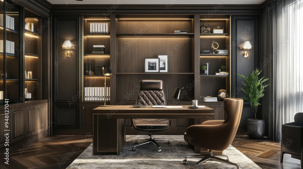 Elegant modern office interior featuring a dark wood desk and stylish leather chair. Elegant modern office interior featuring a dark wood desk and stylish leather chair.