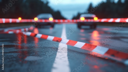 Wallpaper Mural Two cars are stopped at a blocked road due to an accident, with red and white caution tape across the wet pavement. Torontodigital.ca