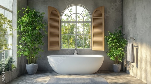 Zen interior with potted bamboo plant, natural interior design concept, minimalist bathroom in classic apartment with bathtub, washbasin, modern white contemporary architecture.