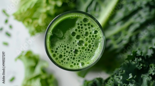 A glass of freshly made green juice with a smooth texture, set on a clean, white surface with green vegetables nearby