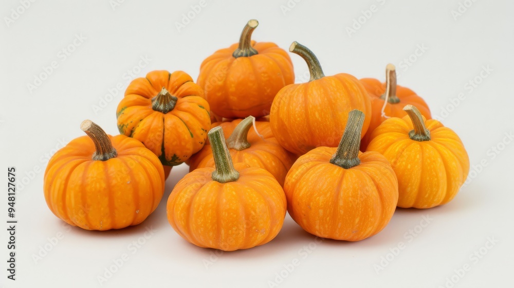 A group of small and medium-sized pumpkins with their stems intact, displayed against a simple background A group of small and medium-sized pumpkins with their stems intact, displayed against a simple background