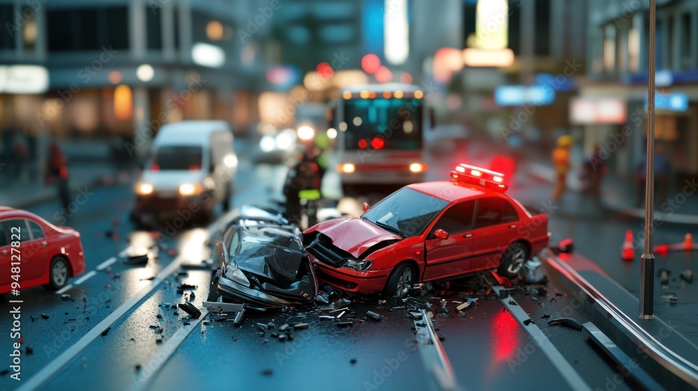 A realistic scene of a car accident involving a red sedan and a black car at a busy intersection, with emergency responders attending. A realistic scene of a car accident involving a red sedan and a black car at a busy intersection, with emergency responders attending.