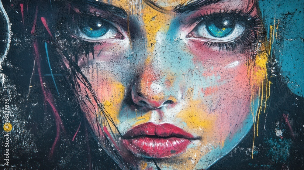 Close-up of a vibrant street art mural featuring a young woman's face with striking blue eyes and colorful hues. Close-up of a vibrant street art mural featuring a young woman's face with striking blue eyes and colorful hues.
