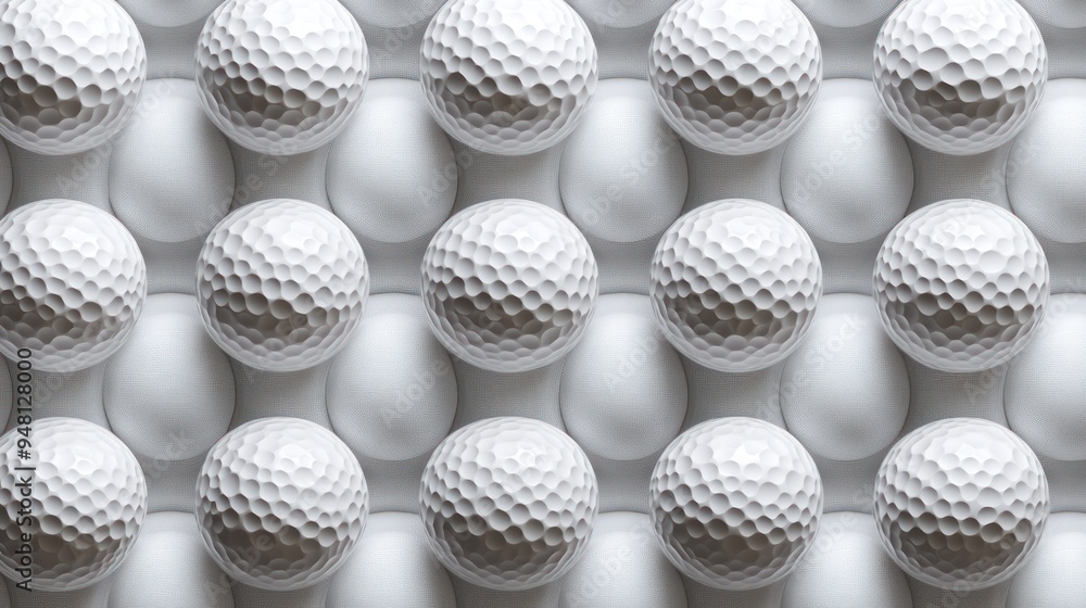 An abstract arrangement of white golf balls on a textured background, showcasing their dimples and spherical shapes. An abstract arrangement of white golf balls on a textured background, showcasing their dimples and spherical shapes.