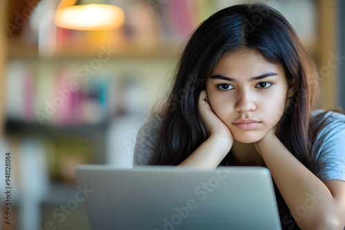 Bored and Worried Latin American Woman Staring at Laptop Unhappy About Hybrid Digital Education