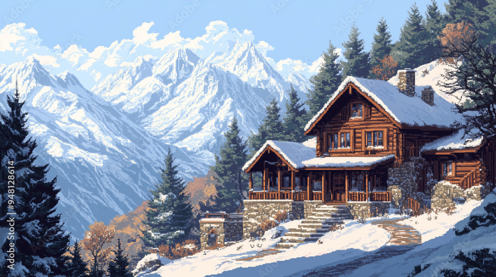 landscape with a wooden house, in winter against the backdrop of snow-capped mountains. landscape in pixel art landscape with a wooden house, in winter against the backdrop of snow-capped mountains. landscape in pixel art