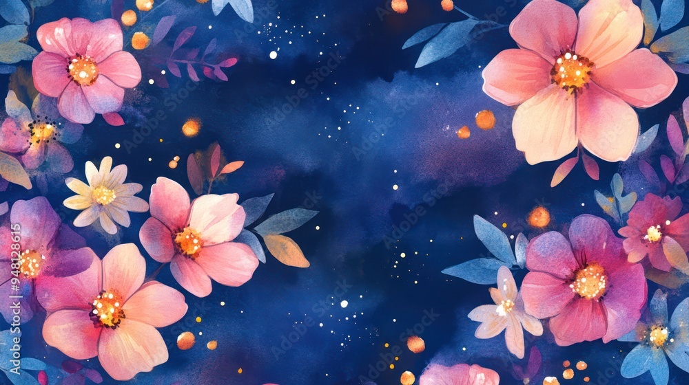 A vibrant floral pattern with pink and purple flowers on a deep blue background, creating a serene and dreamy atmosphere. A vibrant floral pattern with pink and purple flowers on a deep blue background, creating a serene and dreamy atmosphere.