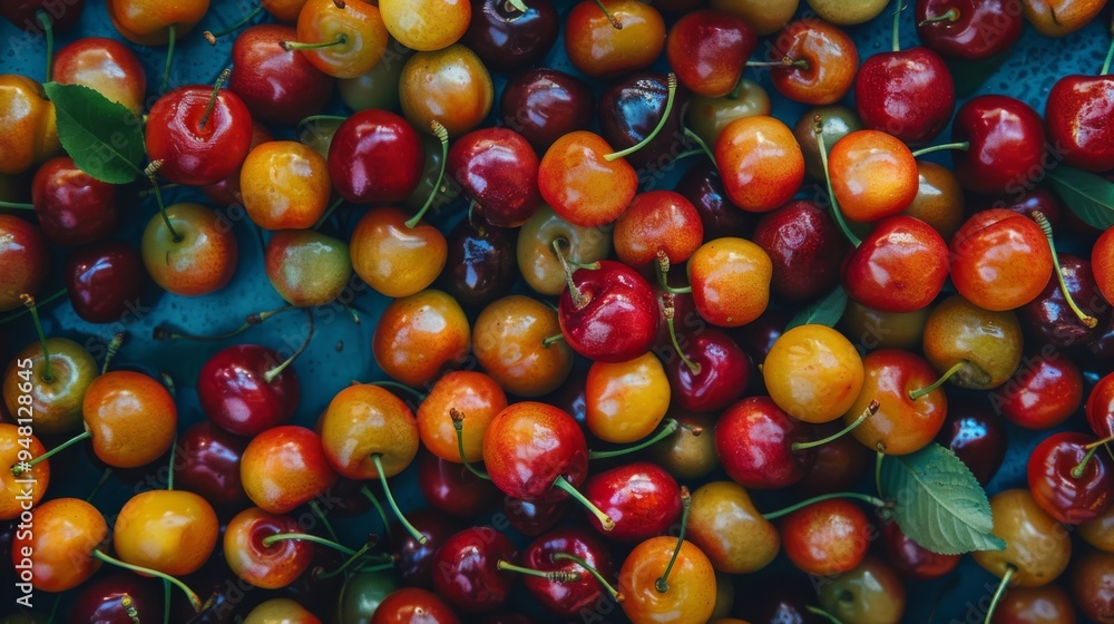 A lively background featuring clusters of plump, juicy cherries, emphasizing their natural sheen and vivid colors A lively background featuring clusters of plump, juicy cherries, emphasizing their natural sheen and vivid colors
