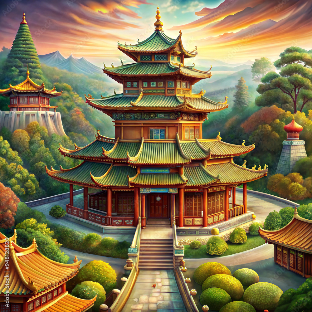 Fototapeta premium Stunning traditional Asian pagoda surrounded by lush greenery and mountains at sunset