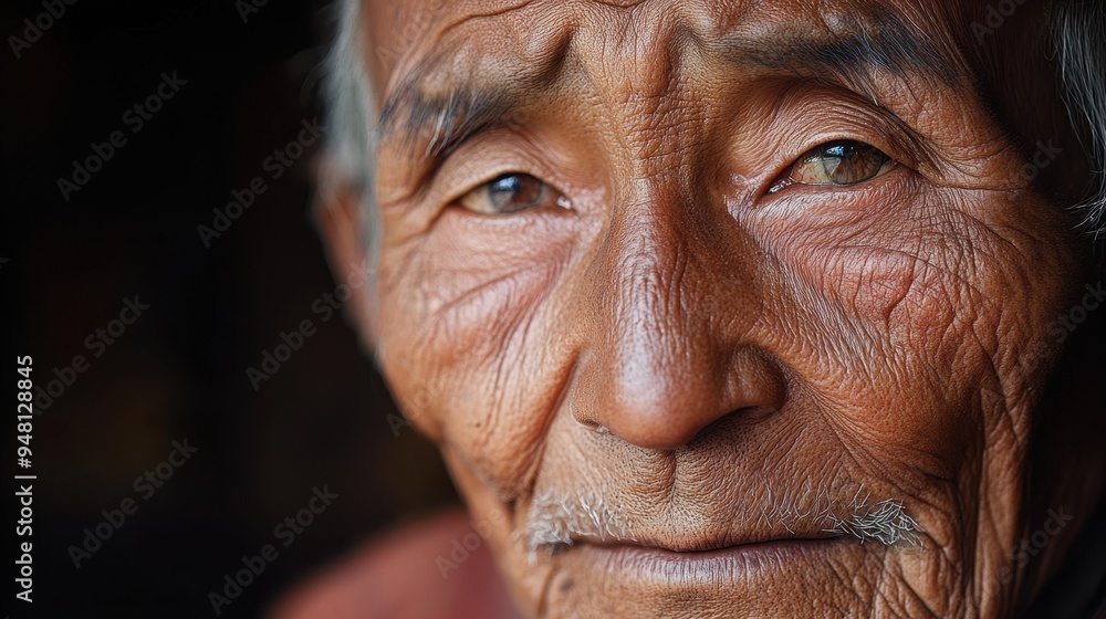 Elderly Asian Man with Expressive Wrinkled Face in Close-Up Elderly Asian Man with Expressive Wrinkled Face in Close-Up