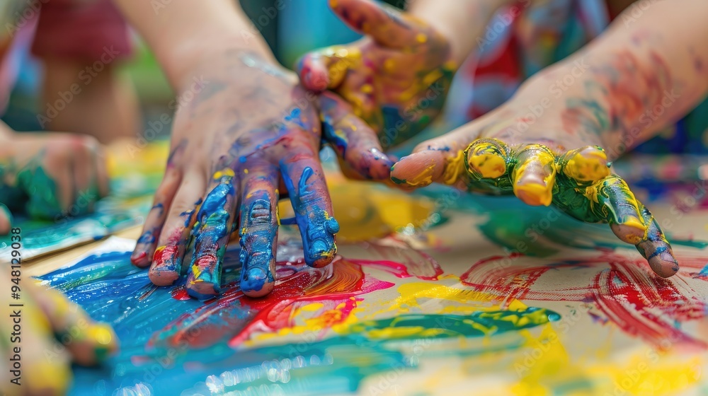 Close-up of children drawing enthusiastically with their fingers on paper. Explore textures and colors with curiosity. Close-up of children drawing enthusiastically with their fingers on paper. Explore textures and colors with curiosity.