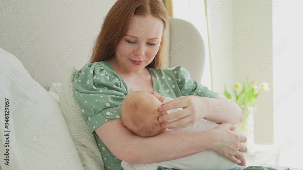 Happy family at home. Mother breastfeeding baby for health nutrition wellness. Mom nursing feeding her newborn child milk at home. Woman infant girl in white bedroom Mother hugs baby with love care Happy family at home. Mother breastfeeding baby for health nutrition wellness. Mom nursing feeding her newborn child milk at home. Woman infant girl in white bedroom Mother hugs baby with love care