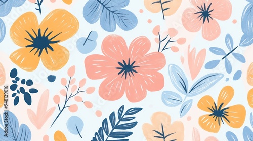 Wallpaper Mural A vibrant floral pattern featuring pink, blue, and yellow flowers set against a light background, creating a cheerful and uplifting mood. Torontodigital.ca