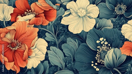 A vibrant floral design showcasing large red and cream flowers intertwined with lush green leaves.