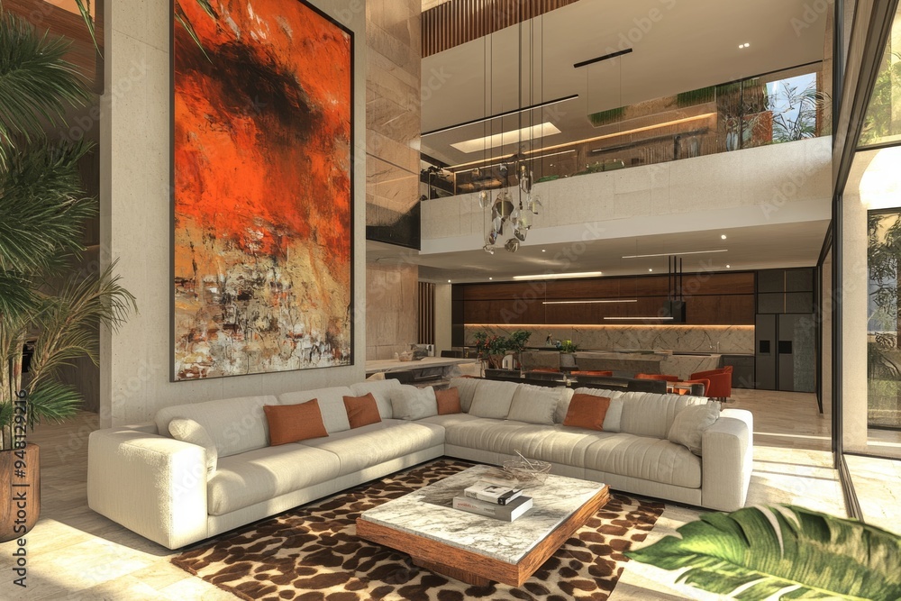 It's a modern living room with a minimalist millennium crib, high ceilings, and the walls blend in with the furniture design in warm green and khaki shades. It's a modern living room with a minimalist millennium crib, high ceilings, and the walls blend in with the furniture design in warm green and khaki shades.