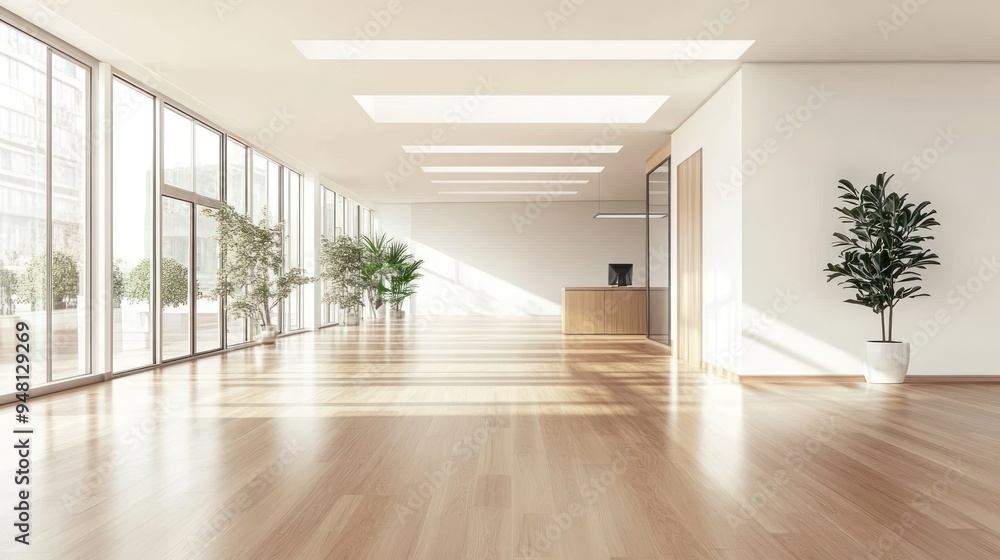 Bright and spacious modern office interior with wooden flooring and plants. Bright and spacious modern office interior with wooden flooring and plants.