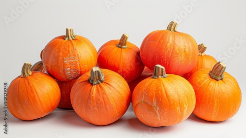 A pile of bright orange pumpkins arranged in a decorative manner with a neutral background photo