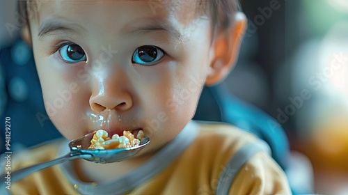 A toddler tentatively tasting his first spoonful of food. By capturing their curiosity and exploration. photo