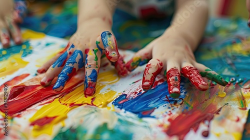 Close-up of children drawing enthusiastically with their fingers on paper. Explore textures and colors with curiosity.