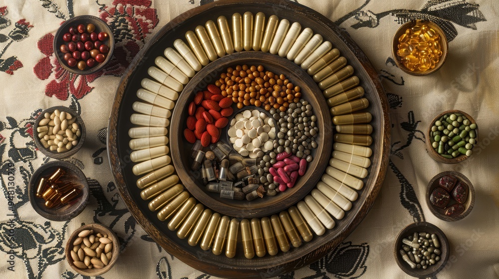 Chinese herbal capsules arranged in a harmonious pattern. Reflects on its role in promoting health and balance Chinese herbal capsules arranged in a harmonious pattern. Reflects on its role in promoting health and balance