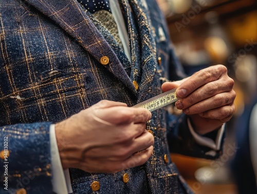 Tailor with a measuring tape taking measurements for a custom suit