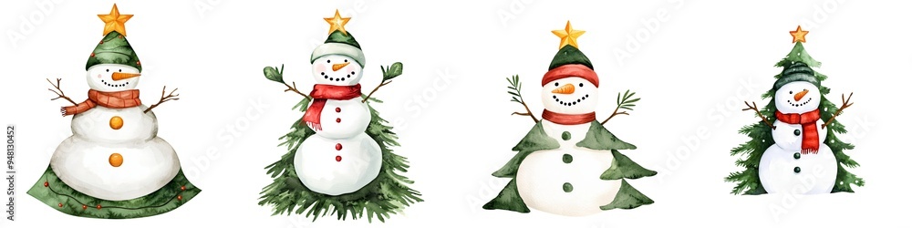 Colorful and cheerful winter characters, featuring snowmen and Christmas trees, perfect for festive designs and holiday themes.