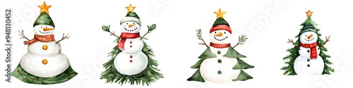 Colorful and cheerful winter characters, featuring snowmen and Christmas trees, perfect for festive designs and holiday themes.