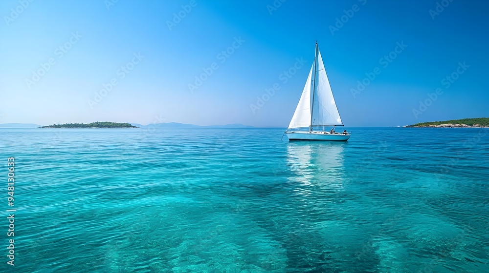 Obraz premium Serene Sailboat Gliding on Tranquil Turquoise Ocean with Distant Islands