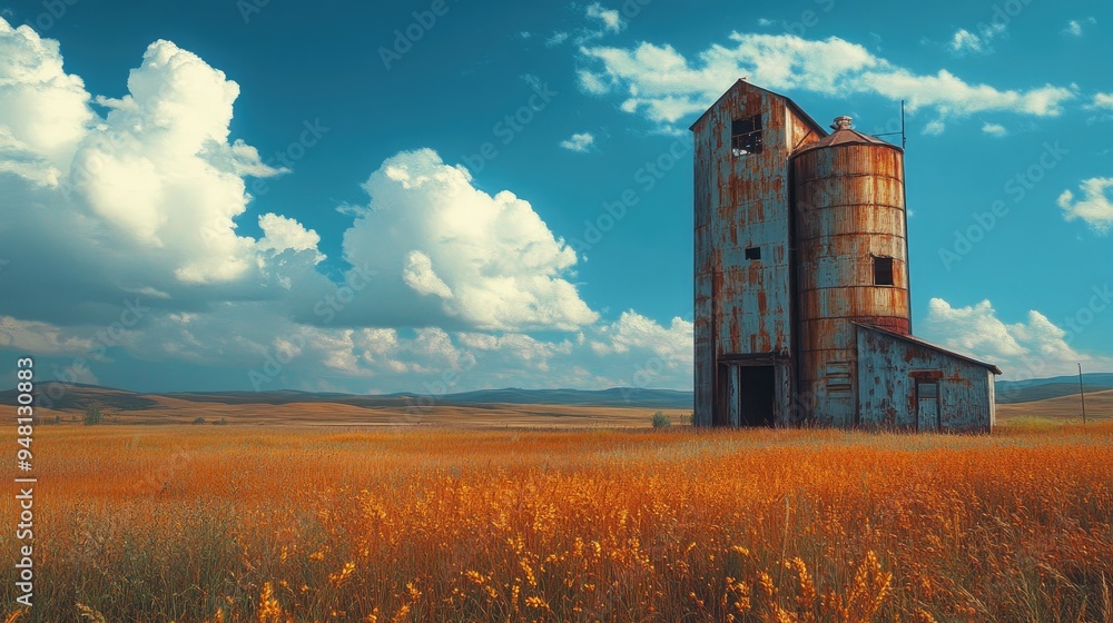 Fototapeta premium Old abandoned grain elevator towering over empty field of wheat