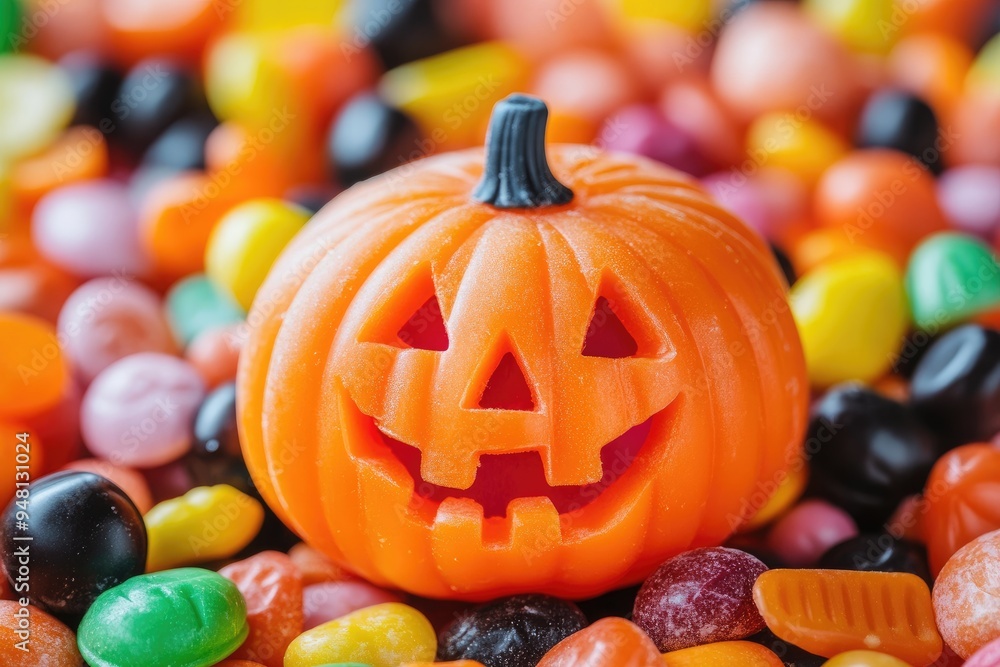 Smiling halloween pumpkin toy lying on colorful sweets Smiling halloween pumpkin toy lying on colorful sweets