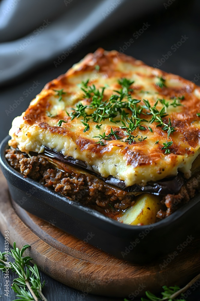 Moussaka - A baked dish with layers of eggplant, ground meat, potatoes, and béchamel sauce. Moussaka - A baked dish with layers of eggplant, ground meat, potatoes, and béchamel sauce.
