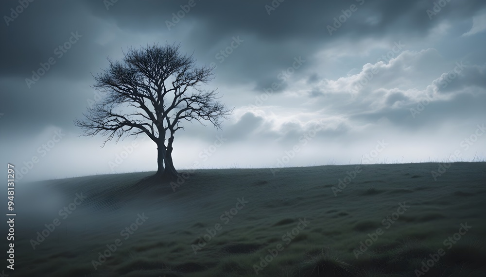 Obraz premium Tree Illustration Hill Sky Clouds Digital Nature Painting Artwork