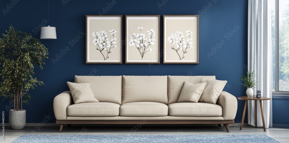Designed in white and blue tones. Japanese minimalist living room with sofa, rattan furniture, and wallpaper. Design of a farmhouse interior with Stock elements. Designed in white and blue tones. Japanese minimalist living room with sofa, rattan furniture, and wallpaper. Design of a farmhouse interior with Stock elements.