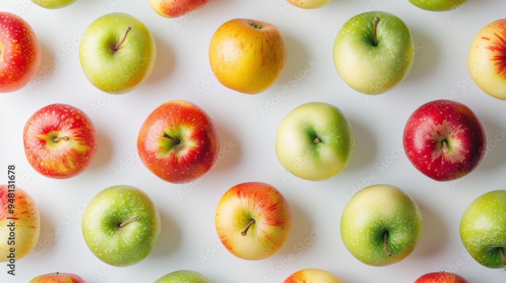 Fototapeta premium A seamless pattern of various apple varieties, including green, red, and yellow, arranged artistically on a white surface for a clean and modern look.