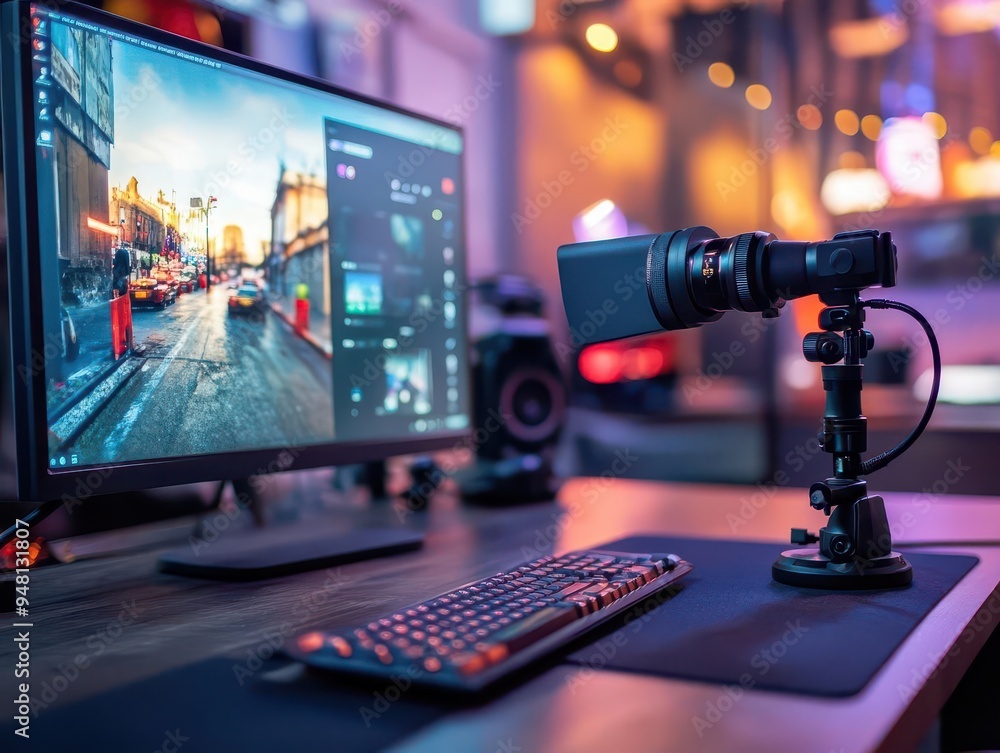 Fototapeta premium Webcam with an adjustable mount on a monitor, ready for a video call